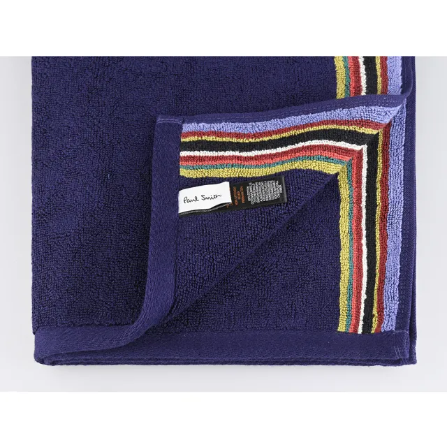 【Paul Smith】PAUL SMITH刺繡LOGO側邊彩色直條紋純棉毛巾(小/海軍藍)