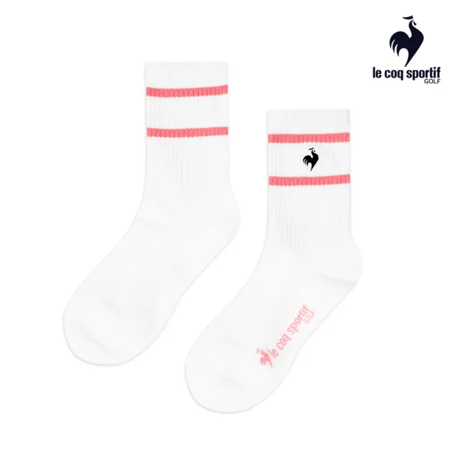 【LE COQ SPORTIF 公雞】高爾夫系列 女款粉色色彩線條舒適彈性中筒襪 QLT0K023