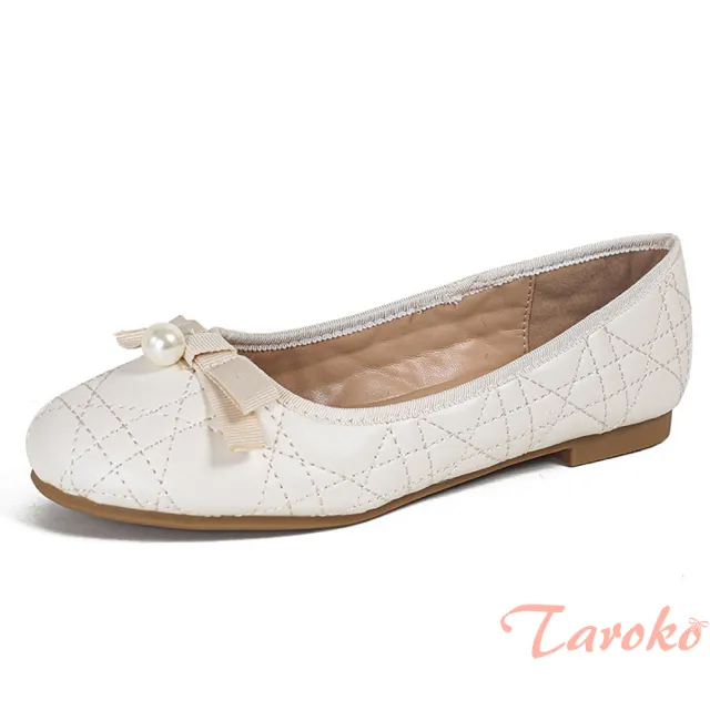 【Taroko】蝴蝶結珍珠圓頭菱格大碼娃娃鞋(2色可選)