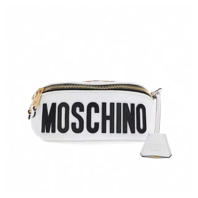 【MOSCHINO】經典鋼盔泰迪熊皮革胸包腰包 白色(7-T7718-8210-1001)