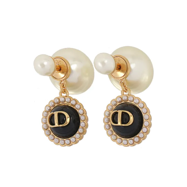 【Dior 迪奧】Tribales CD Logo 珍珠鑲飾玻璃珠針式耳環(金色/黑色)