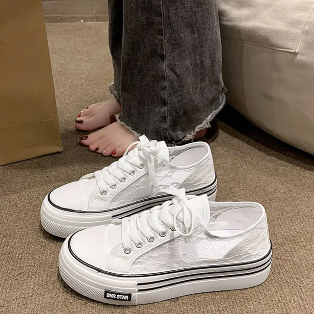 【JC Collection】網布蕾絲透氣厚底舒適綁帶休閒帆布鞋(白色)