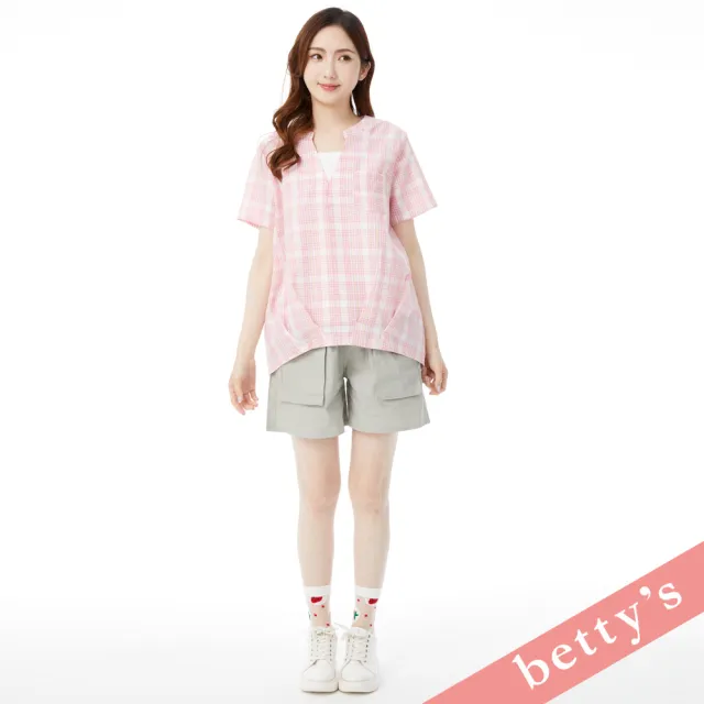 【betty’s 貝蒂思】假兩件格紋V領壓摺上衣(粉色)