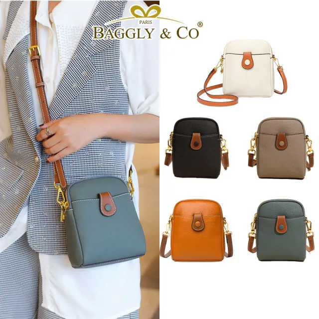 【BAGGLY&CO】真皮 諾亞頭層牛皮雙拉鍊斜側背包手機包(真皮包包 五色)