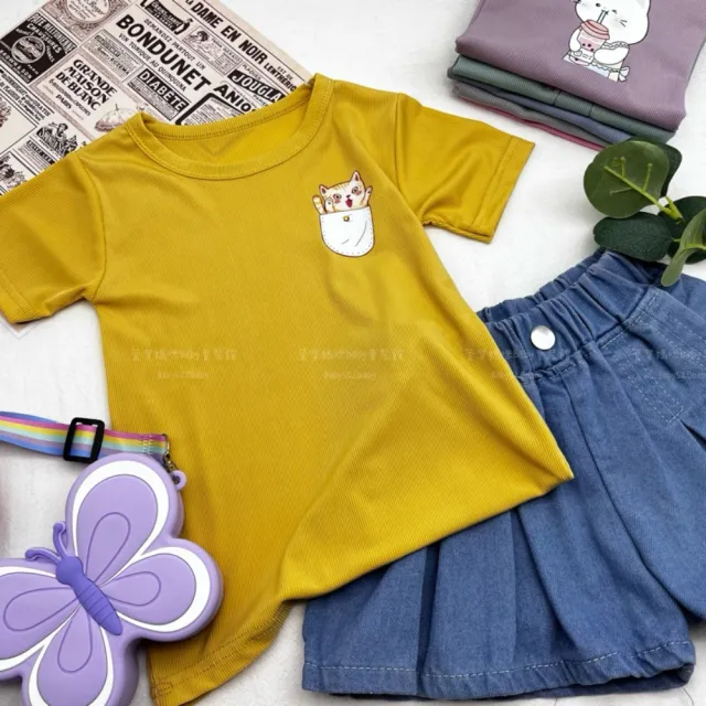 【安朵童舖】現貨韓版兒童冰絲短袖上衣 女童印花短袖T恤 男童純色上衣 冰絲坑條上衣 童裝(3)
