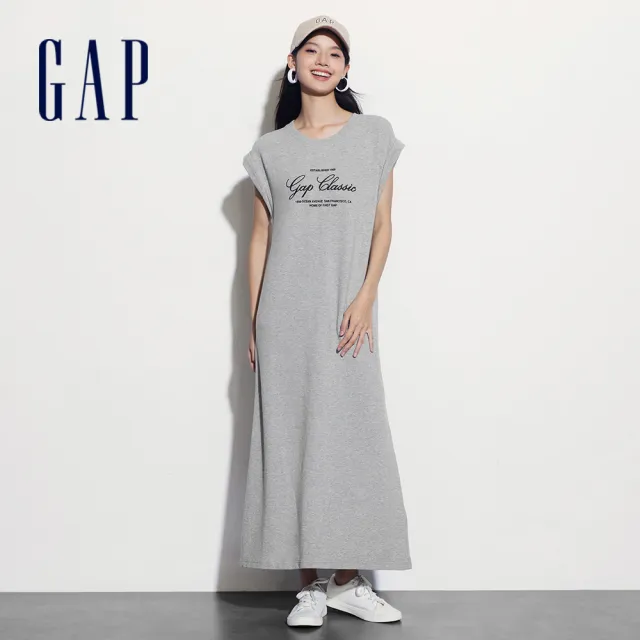 【GAP】女裝 Logo印花圓領無袖洋裝-灰色(535639)