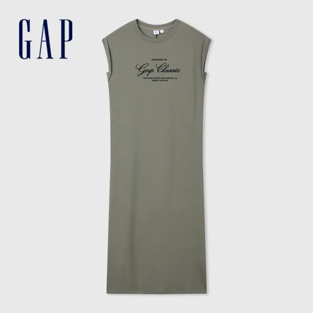 【GAP】女裝 Logo印花圓領無袖洋裝-淺橄欖色(535639)