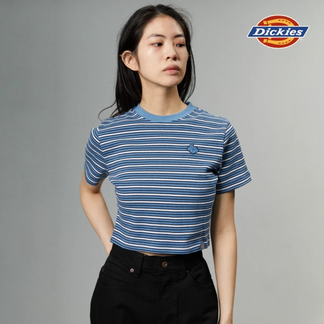 Dickies 女款王冠藍條紋純棉胸前刺繡小圖案短版短袖T恤