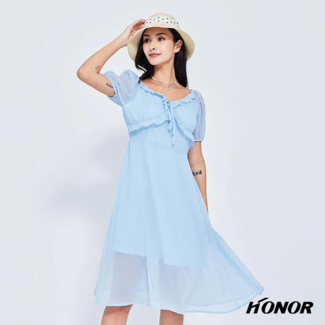 HONOR 山形屋 荷葉領交錯綁帶泡泡袖洋裝