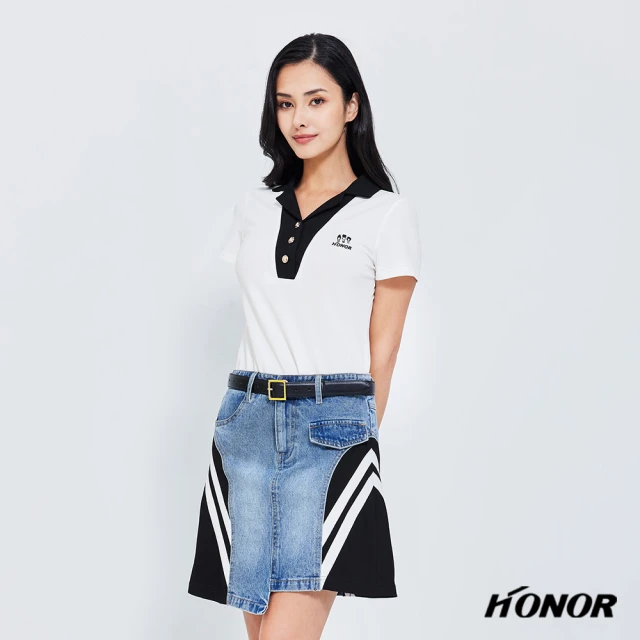 HONOR 山形屋 雙材質黑白拼接不對稱下擺牛仔短裙