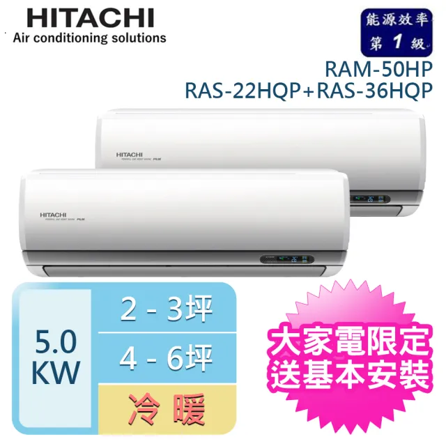 【HITACHI 日立】2-3坪+4-6坪 R32一級能效變頻冷暖一對二分離式冷氣(RAM-50HP/RAS-22HQP+RAS-36HQP)