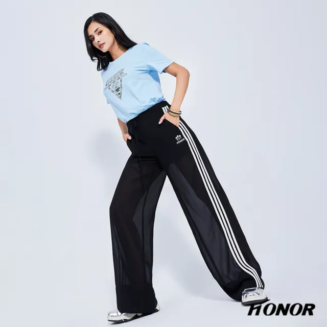 【HONOR 山形屋】出清品 品牌標誌抽繩條紋寬褲-藍/黑(限定出清)