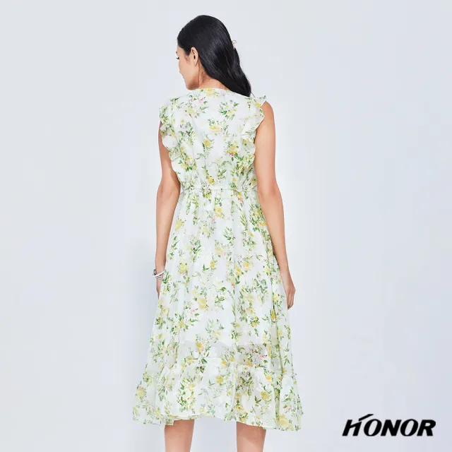 【HONOR 山形屋】出清品 花卉花V領綁帶波浪袖透膚雪紡洋裝(限定出清)