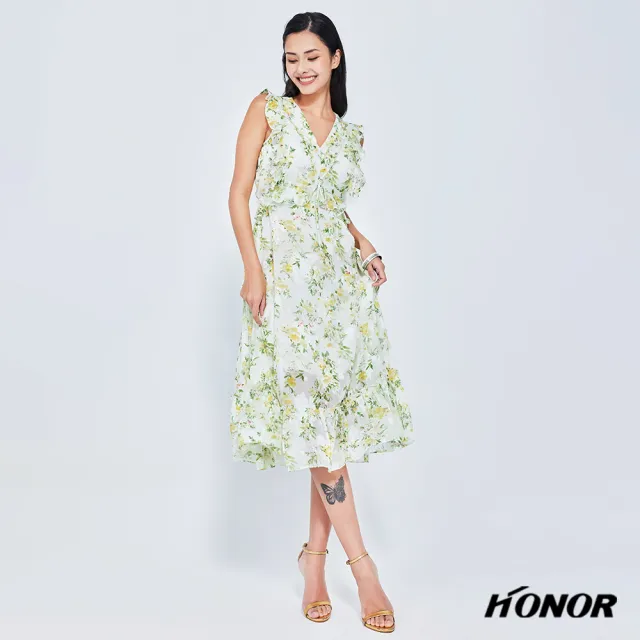 【HONOR 山形屋】花卉花V領綁帶波浪袖透膚雪紡洋裝