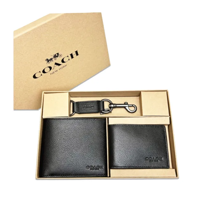 【COACH】經典LOGO防刮皮革短夾+卡夾+鑰匙圈/雙釦頭皮帶禮盒組(多款可選)