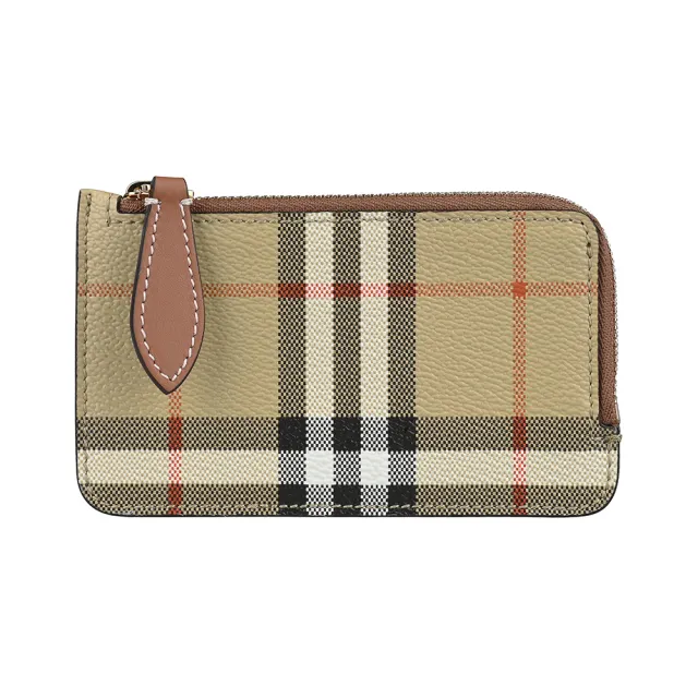 【BURBERRY 巴寶莉】BURBERRY Somerset內標LOGO經典格紋設計PVC 3卡拉鏈零錢包(典藏米x棕)