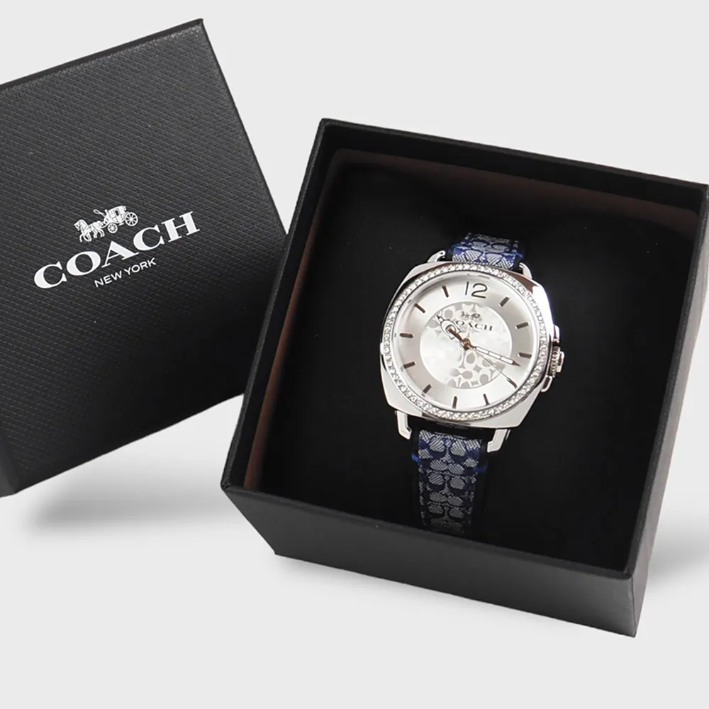 【COACH】Boyfriend 經典LOGO緹花織布晶鑽腕錶34mm(銀/丹寧藍色)