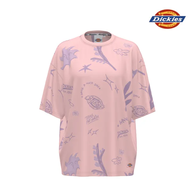 【Dickies】女款奶油粉塗鴉滿版印花重磅純棉短袖T恤｜DK011641F66