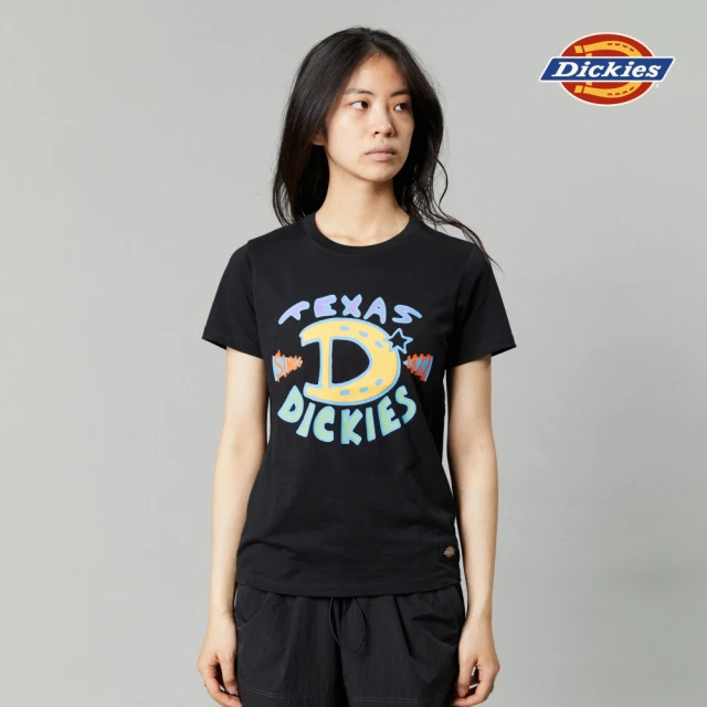 【Dickies】女款黑色純棉胸前大尺寸趣味文字印花短袖T恤｜DK011631BLK