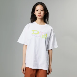 【Dickies】女款白色純棉胸前趣味文字印花圖案寬鬆短袖T恤｜DK011623C4D