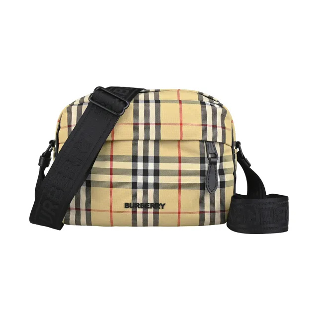 【BURBERRY 巴寶莉】BURBERRY Paddy簡約立體黑字LOGO設計拼接格紋尼龍拉鍊斜背包(男款/典藏米)