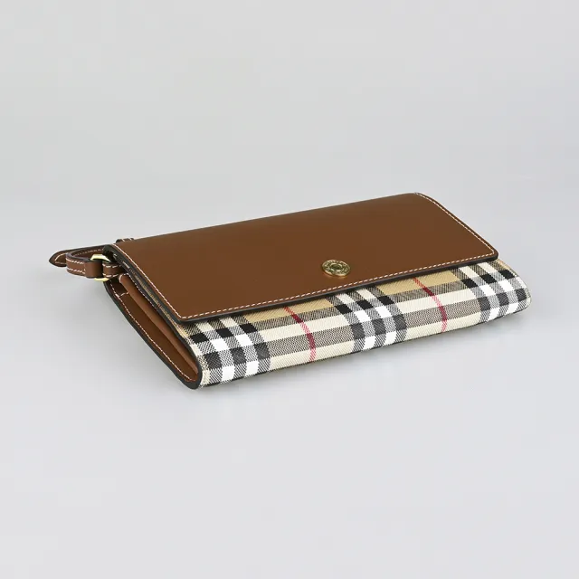 【BURBERRY 巴寶莉】BURBERRY Hannah燙印字母LOGO設計小牛皮拼格紋PVC 12卡翻蓋釦式斜背包(焦糖棕x米格紋)