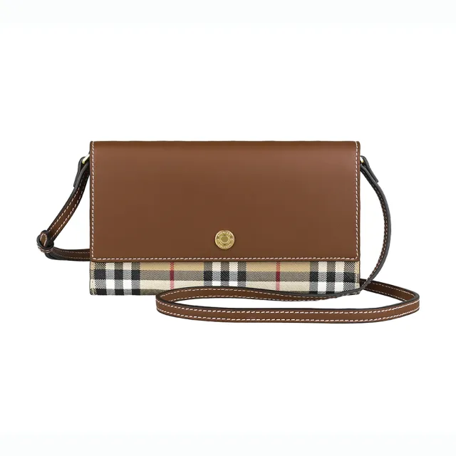 【BURBERRY 巴寶莉】BURBERRY Hannah燙印字母LOGO設計小牛皮拼格紋PVC 12卡翻蓋釦式斜背包(焦糖棕x米格紋)