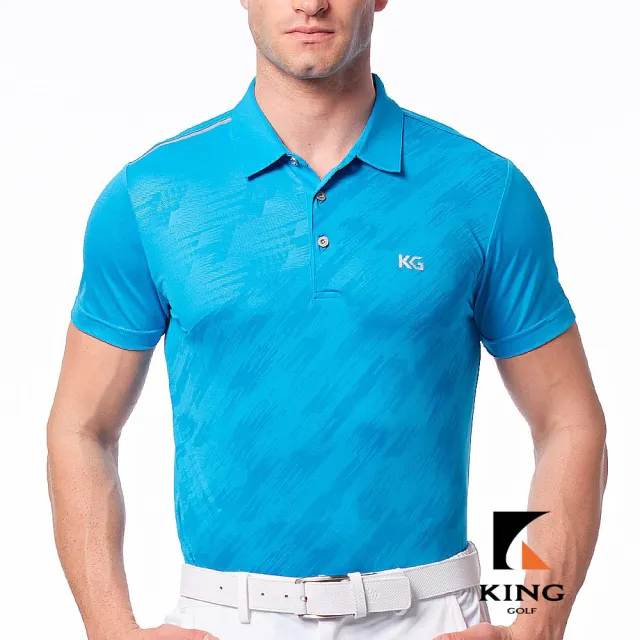 【KING GOLF】實體同步款-男款筆刷暗紋開襟吸濕排汗POLO衫/高爾夫球衫(藍色)