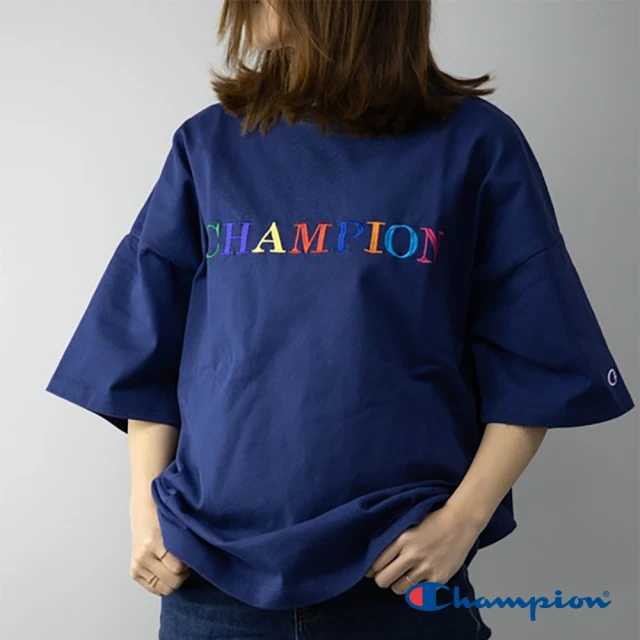 Champion 官方直營-純棉寬版落肩彩色LOGO刺繡短袖TEE-女(深藍色)