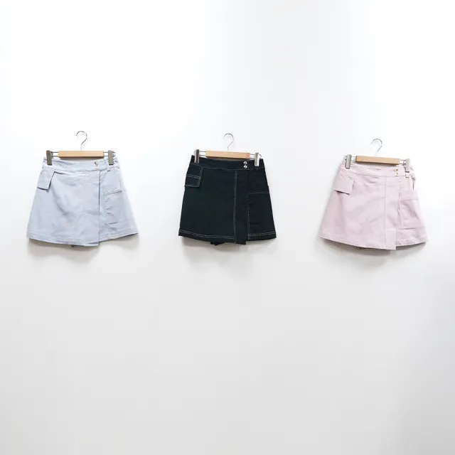 【CUMAR】大口袋不對稱設計壓線短褲裙(藍 黑 粉)