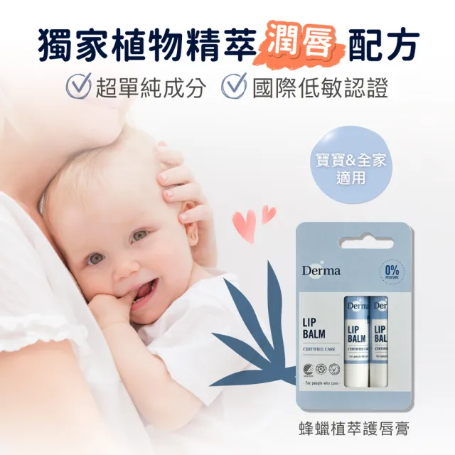 【Derma 丹麥德瑪】蜂蠟植萃護唇膏兩件組 4.8g*2(無香/孕婦、嬰兒、兒童、寶寶也適用)