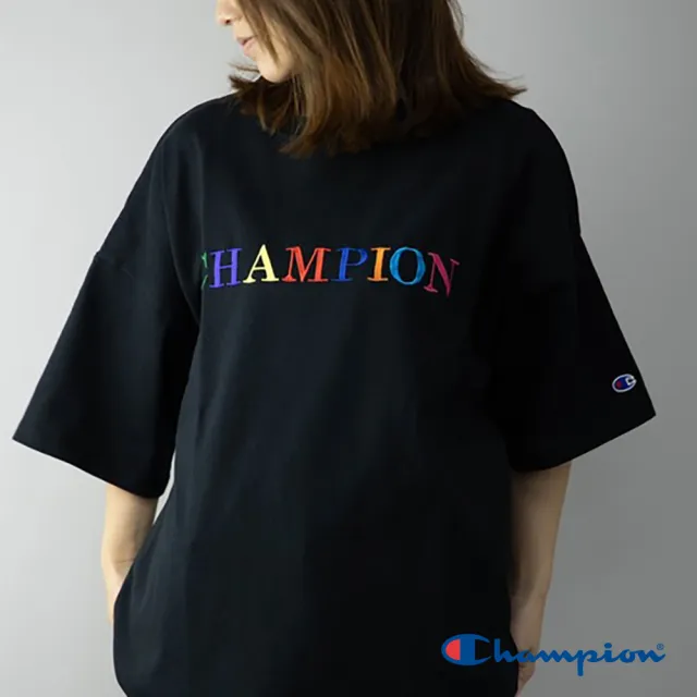 【Champion】官方直營-純棉寬版落肩彩色LOGO刺繡短袖TEE-女(黑色)