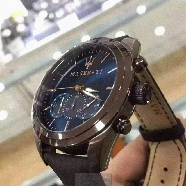 【MASERATI 瑪莎拉蒂】雙11MASERATI手錶型號R8871612008(寶藍色錶面古銅色錶殼咖啡色真皮皮革錶帶款)