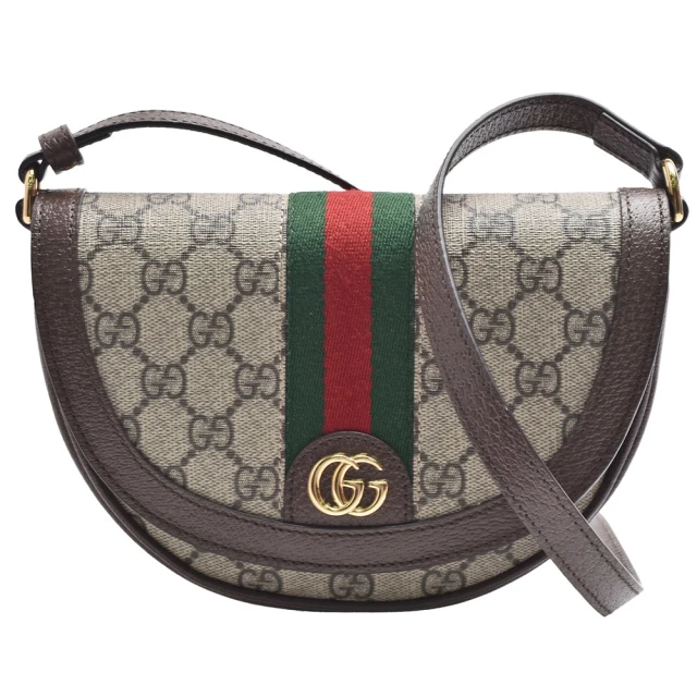 GUCCI 古馳 經典Ophidia mini GG Supreme印花帆布半圓型斜背包(迷你-烏木色-展示品757309-96IWG-8745)