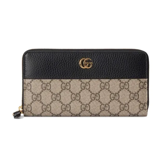 【GUCCI 古馳】456117 經典Petite Marmont 皮革拼接帆布拉鍊長夾(顏色任選)