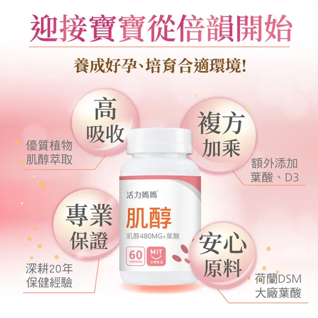 【活力媽媽】倍韻肌醇+葉酸+D3膠囊(1瓶60顆)