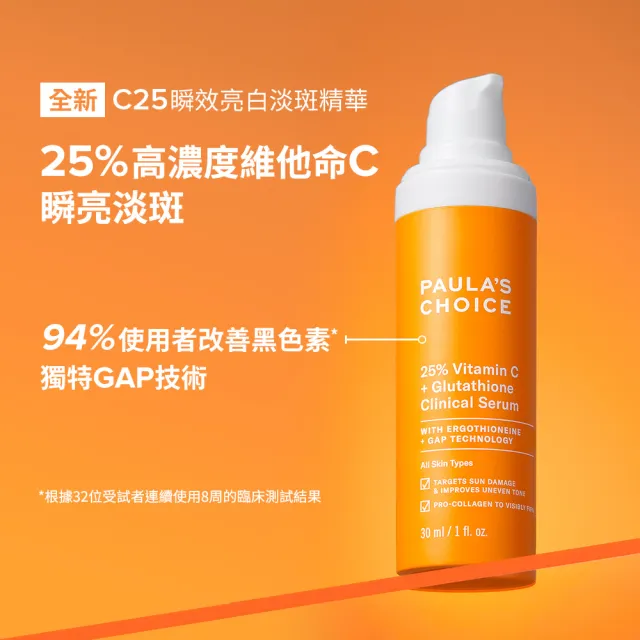 【寶拉珍選】C25瞬效亮白淡斑精華+1%A醇逆齡精華乳30ml(早C晚A進階版)