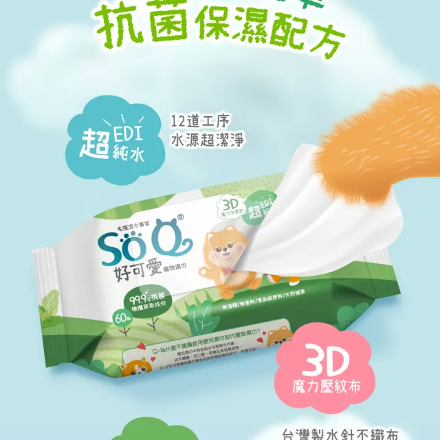 【南六】SOQ好可愛寵物濕巾-抗菌60抽x12包(寵物全身/無酒精/無香料/食品級原料)