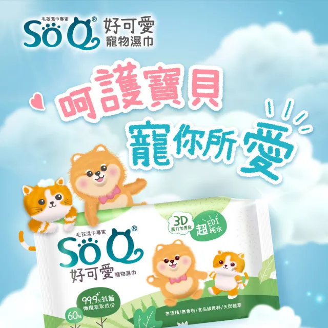 【南六】SOQ好可愛寵物濕巾-抗菌60抽x6包(寵物全身/無酒精/無香料/食品級原料)