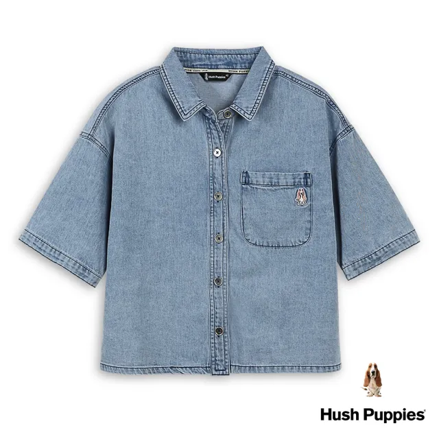 【Hush Puppies】女裝 襯衫 短版復古落肩寬鬆牛仔襯衫(藍色 / 43212202)