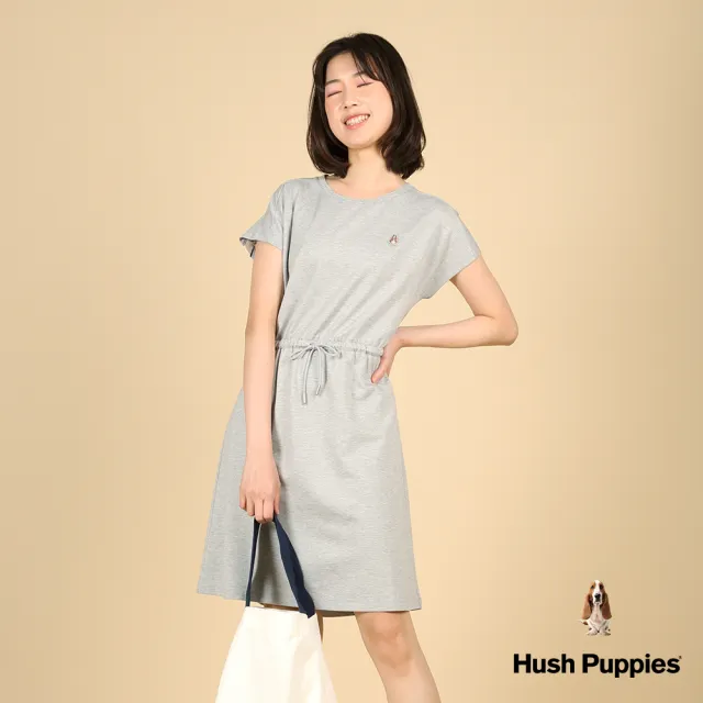 【Hush Puppies】女裝 洋裝 休閒品牌織帶小狗抽繩洋裝(麻灰 / 43215202)