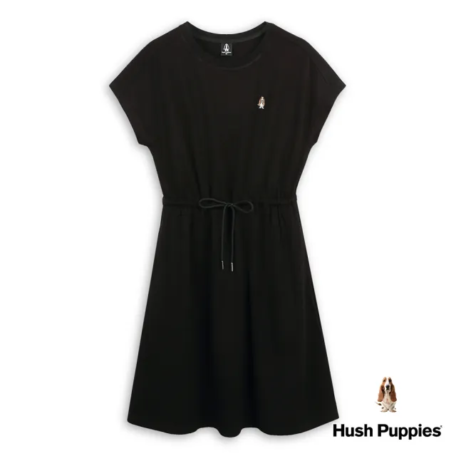 【Hush Puppies】女裝 洋裝 休閒品牌織帶小狗抽繩洋裝(黑色 / 43215202)