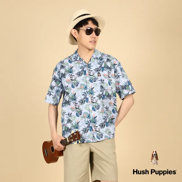 【Hush Puppies】男裝 襯衫 海灘風刺繡漁夫帽狗古巴領寬版花襯衫(水藍 / 43112109)