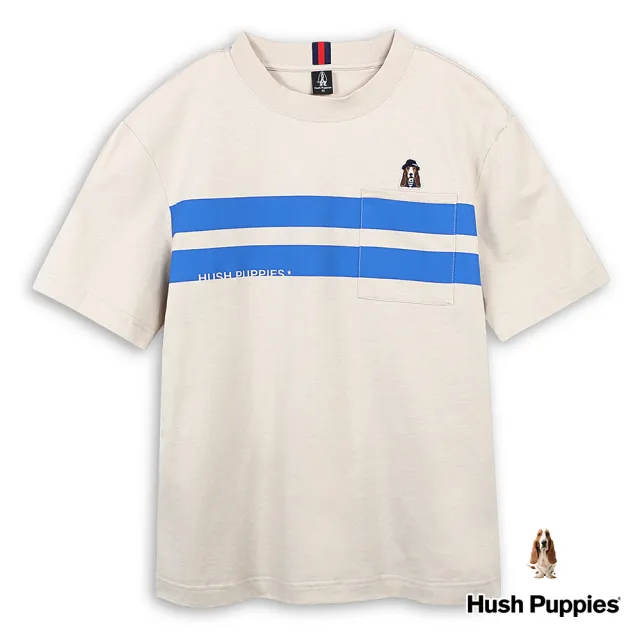 【Hush Puppies】男裝 T恤 撞色粗條紋漁夫帽狗寬鬆版T恤(淺卡其 / 43111210)