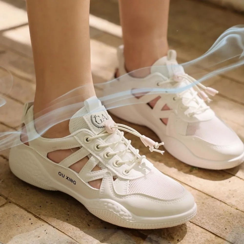 【baibeauty 白鳥麗子】韓版透氣網布拼接簍空束帶運動包鞋(免綁鞋帶)