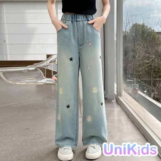 【UniKids】中大童裝薄款牛仔長褲 個性甜美風刺繡星星 女大童裝 VPXEY221(藍)