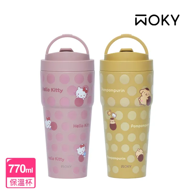 【WOKY 沃廚】SANRIO聯名_鈦陶瓷渾圓杯770ml-附彈跳吸管&矽膠粗吸管(HelloKitty/布丁狗/冰壩杯/保溫瓶)