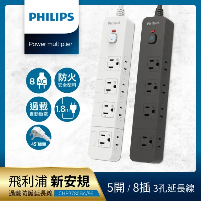 【Philips 飛利浦】5開8插延長線1.8M 兩色可選(CHP3780)