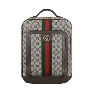 【GUCCI 古馳】GUCCI OPHIDIA 簍空立體雙G LOGO 印花紅綠線條設計PVC拼接牛皮拉鍊後背包(米x褐)