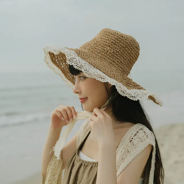 【Queenshop】女裝 蕾絲裝飾綁帶拉菲草帽 兩色售 現+預 07020900